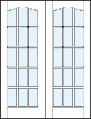 pair of interior french style doors with glass panel, 15 section square true divided lites design and cathedral top