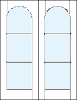 pair of modern interior french doors with three horizontal true divided lites and half circle arch top