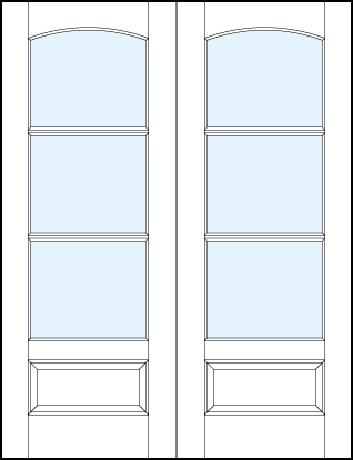 pair of interior french doors with three horizontal true divided lites, curved arch top and bottom raised panel