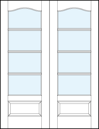 pair of interior glass french doors with four horizontal true divided lites, cathedral arch top and bottom panel