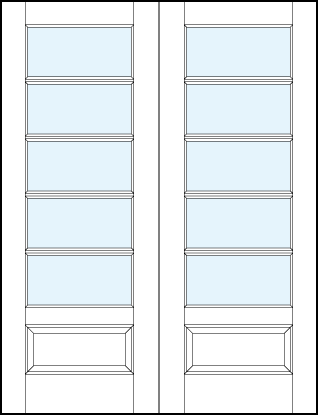 pair of modern interior glass french doors with five horizontal true divided lites and bottom raised panel