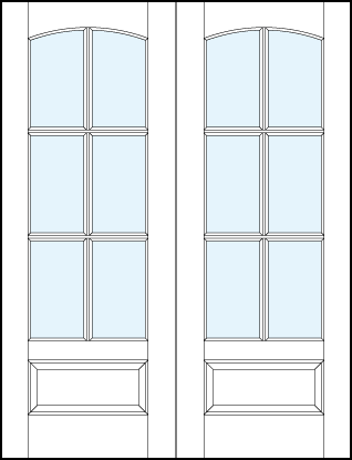 pair of custom front entry glass french doors with six true divided lites and bottom panel with curved arch top