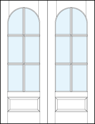 pair of custom interior glass french doors with six true divided lites and bottom panel with half circle top