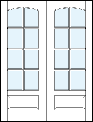 pair of custom interior glass french doors with eight true divided lites, curved arch top and bottom raised panel