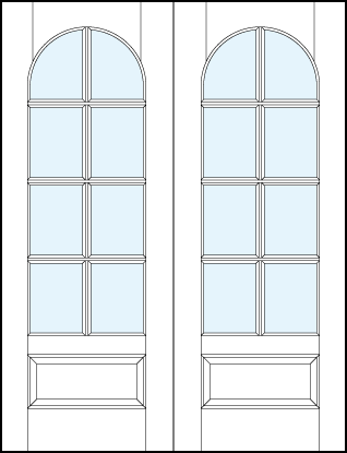 pair of custom interior glass french doors with eight true divided lites, half circle top and bottom raised panel
