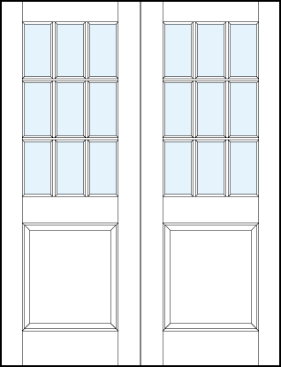pair of front entry glass panel doors with large raised bottom panel and crossing true divided lites for nine sections