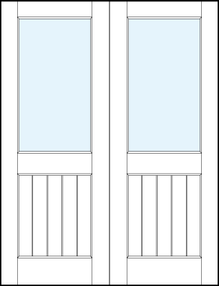 pair of front entry glass panel doors with glasstop panel and small raised bottom panel with vertical slats