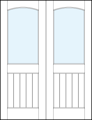pair front entry panel doors with glass top panel and small raised bottom panel with vertical slats and curved arch