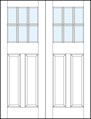 pair of front entry panel doors with glass up top and tall dual bottom panels and six section true divided lites