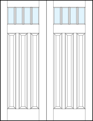 pair of front entry panel doors with glass top, three tall bottom vertical raised panels and three true divided lites