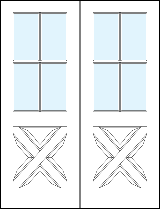 pair of interior panel doors with glass top panel with cross raised lower panel and cross true divided lites