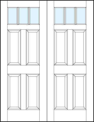 pair of interior panel doors with glass top panel with four tall rectangle raised panels with three true divided lites
