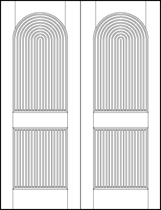 pair of stile and rail art deco custom interior doors with two vertical tambour panels and top half-circle arch