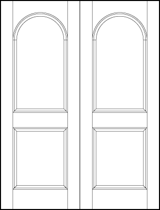 pair of front entry custom panel doors with two sunken panels, rectangle with arch on top and small square on bottom