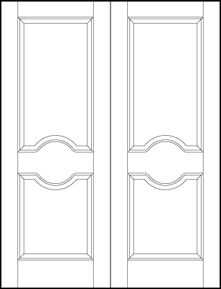 pair of stile and rail front entry door with top sunken rectangle and bottom sunken square with circle in dividing rail