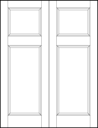 pair of stile and rail front entry door with top square and bottom rectangle sunken panels