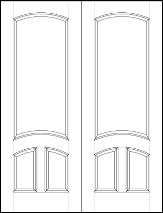 pair of stile and rail interior door with two sunken rectangles and large top sunken panels with arched tops
