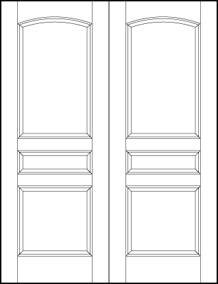 pair of stile and rail front entry doors with square bottom, horizontal center, and top arched rectangle sunken panels