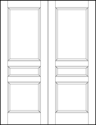 pair of stile and rail front entry door with square bottom, horizontal rectangle center, and rectangle top sunken panels