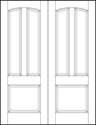 pair of stile and rail front entry doors with large bottom square and two tall arched rectangle panels on top