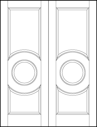 pair of stile and rail interior door with center circle with arched sunken panels above and below