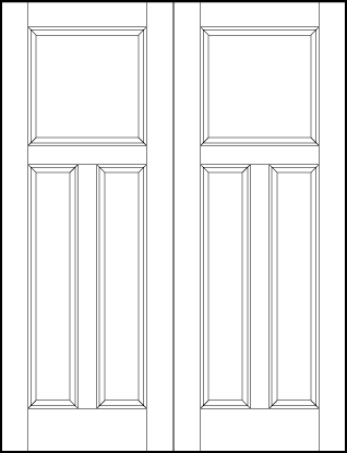 pair of front entry flat panel doors top sunken square and two tall vertical sunken rectangles