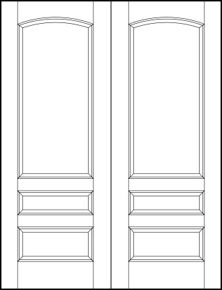 pair of interior flat panel doors with curved tall top rectangle, center small and bottom medium sunken rectangles