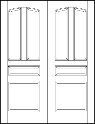 pair of interior flat panel doors with curved top tall panels, horizontal center, and square bottom sunken panels