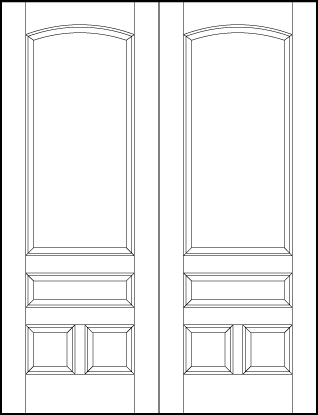 pair of stile and rail front entry wood doors with large top arch, horizontal center, and two small square bottom panels