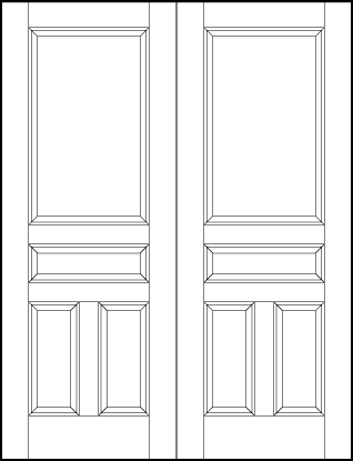 pair of stile and rail interior wood doors with large top panel, horizontal center, and short sunken vertical pair bottoms