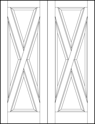 pair of stile and rail interior wood doors barn style with sunken triangular panels making an x shape