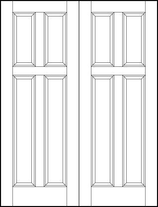 pair of stile and rail front entry wood doors with four sunken panels two tall on bottom and two medium on top