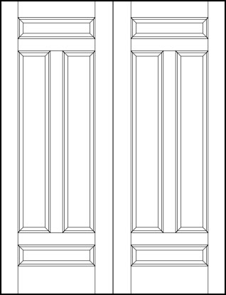 pair of stile and rail front entry wood doors with tall vertical center panels and top bottom small horizontal panels