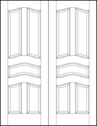 pair of interior wood doors with two top tall, center and two medium vertical bottom sunken arched panels
