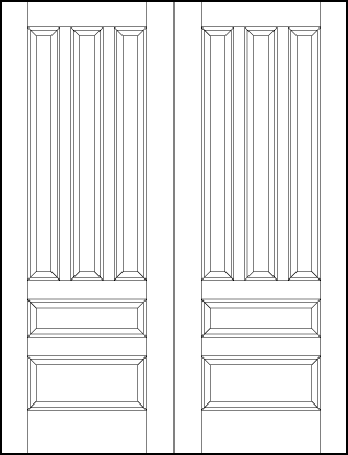 pair of stile and rail interior wood doors with three tall vertical panels and two bottom horizontal sunken panels