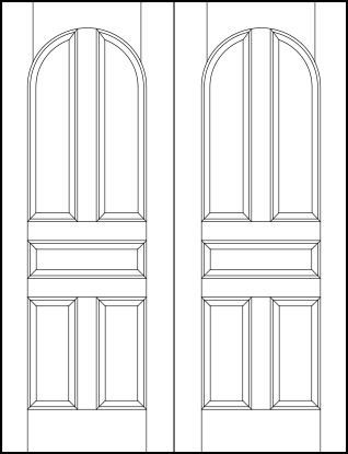 pair of radius top stile and rail interior wood doors with four vertical and center horizontal sunken panels