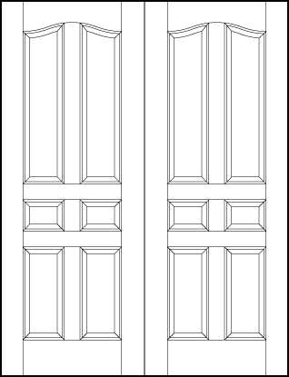 pair of stile and rail interior wood doors with two tall arch top panels, two small squares, and vertical bottom panels