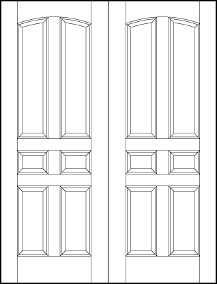 pair of stile and rail interior wood doors with six vertical rectangle sunken panels with curved arch top