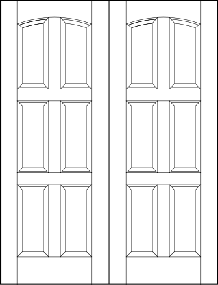 pair of custom panel interior doors with six horizontal equal sunken panels with slight arch top