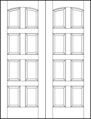 pair of custom panel interior doors with eight vertical sunken panels with curved arch top