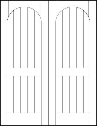 pair of interior doors with six v-groove vertical lines with radius-arch top with tall center and bottom