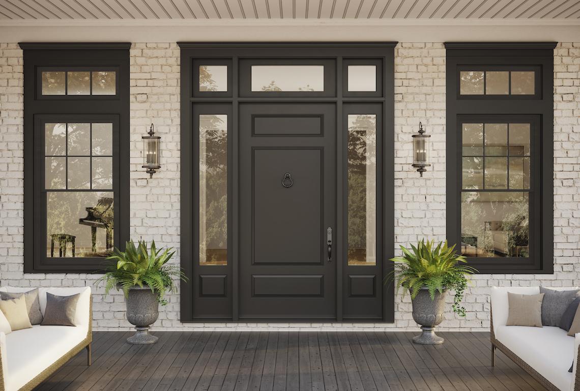entry system with traditional door with sidelites and transoms