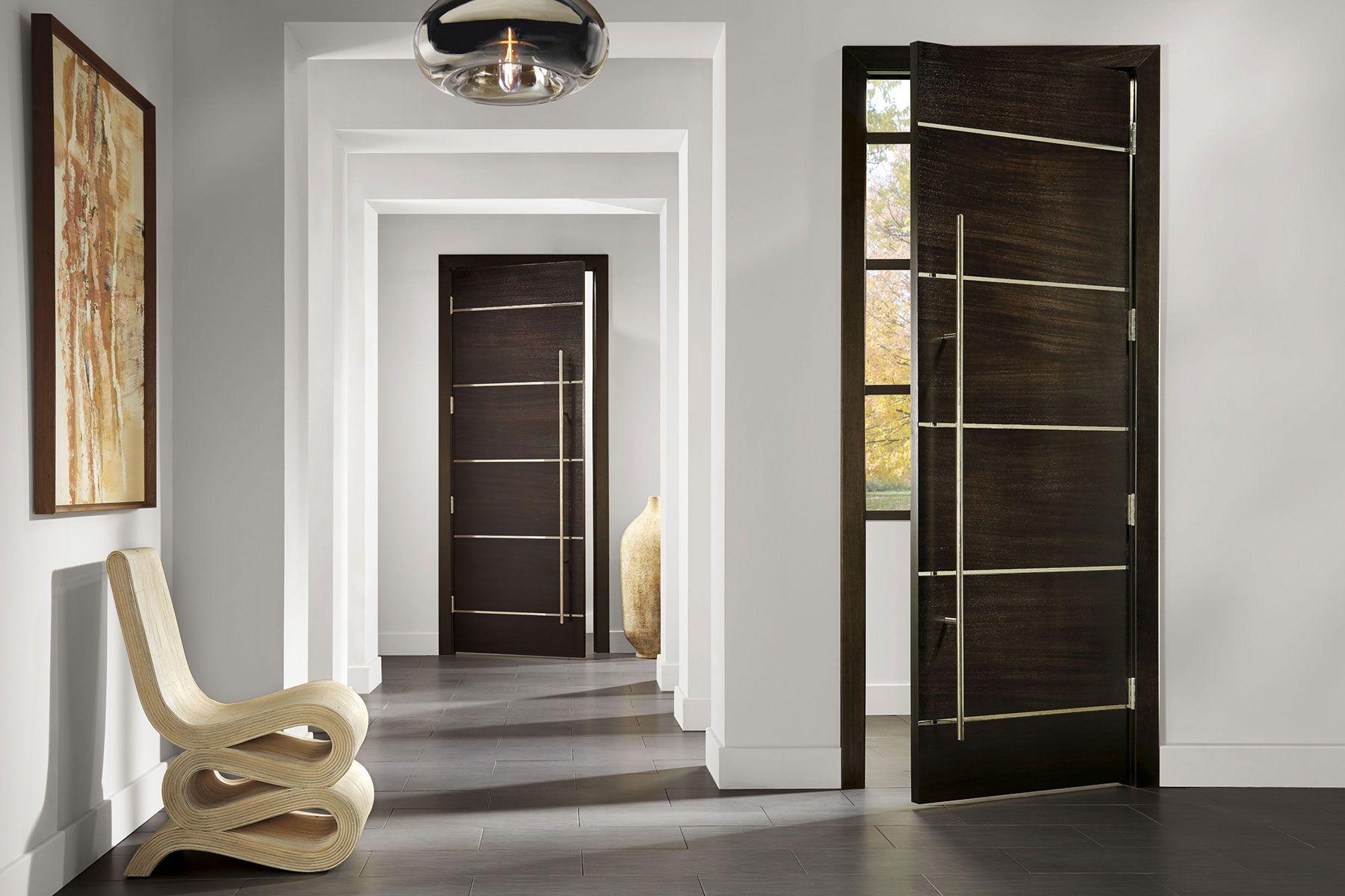 modern door style six horizontal panel entry system with silver filled kerf cuts in a white house