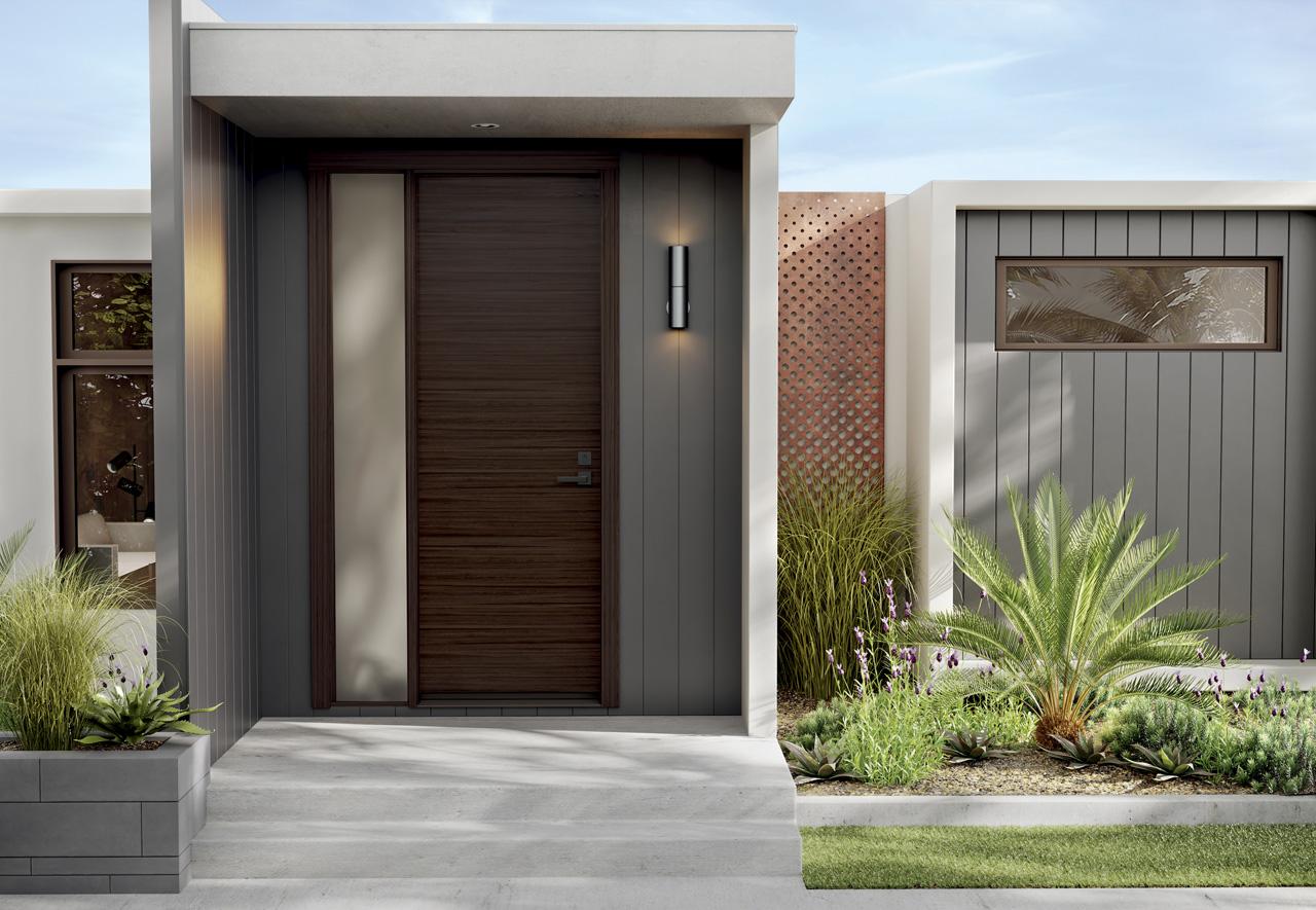 modern solid core flush door entry system with transom