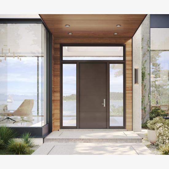 TMIR4000 Resilient™ wood entry door with 1/4" kerf cut reveal is surround by glass to maximize the view.