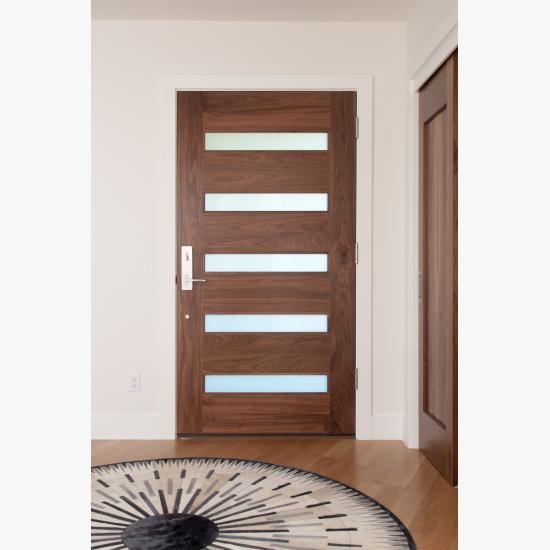 TM5100 exterior door in walnut with white lami glass and one step (OS) sticking