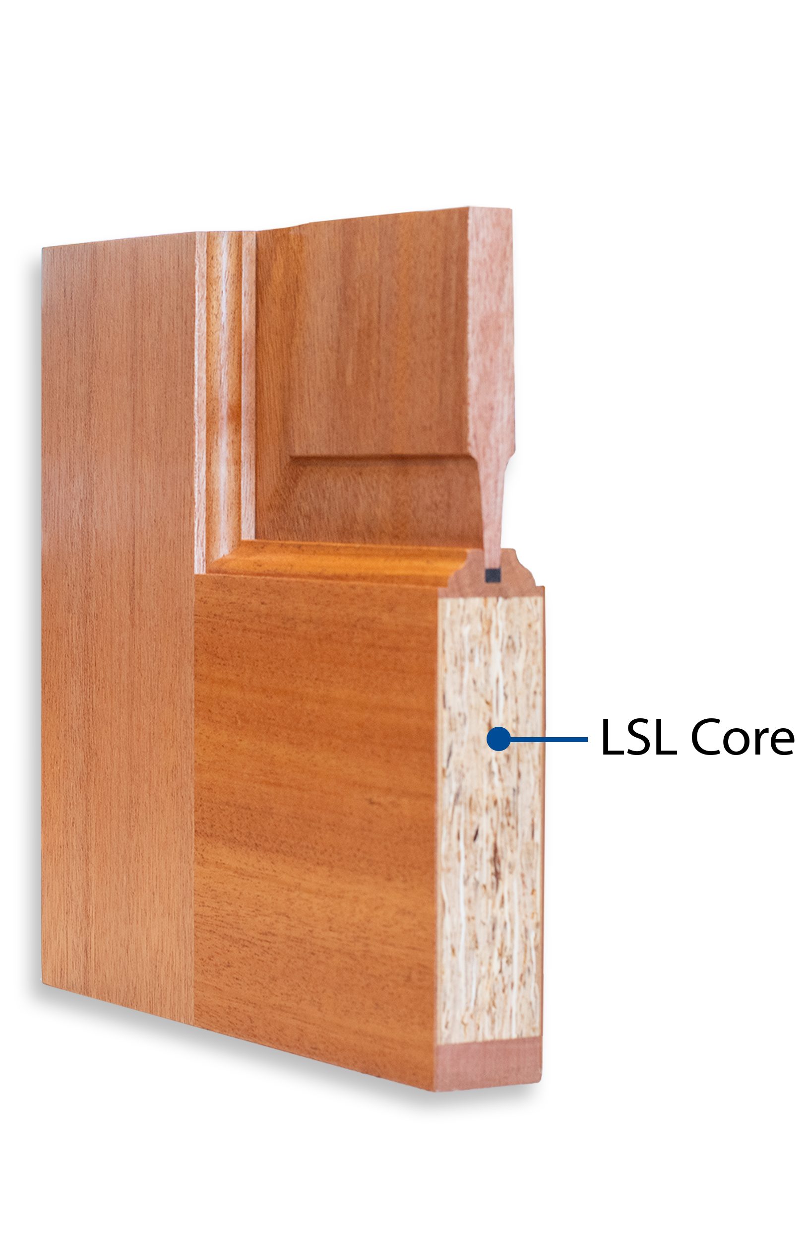 A profile shot of a wooden corner sample showing the new construction of TruStile's Wood Door. An LSL core for the stiles and rails with a solid wood panel.