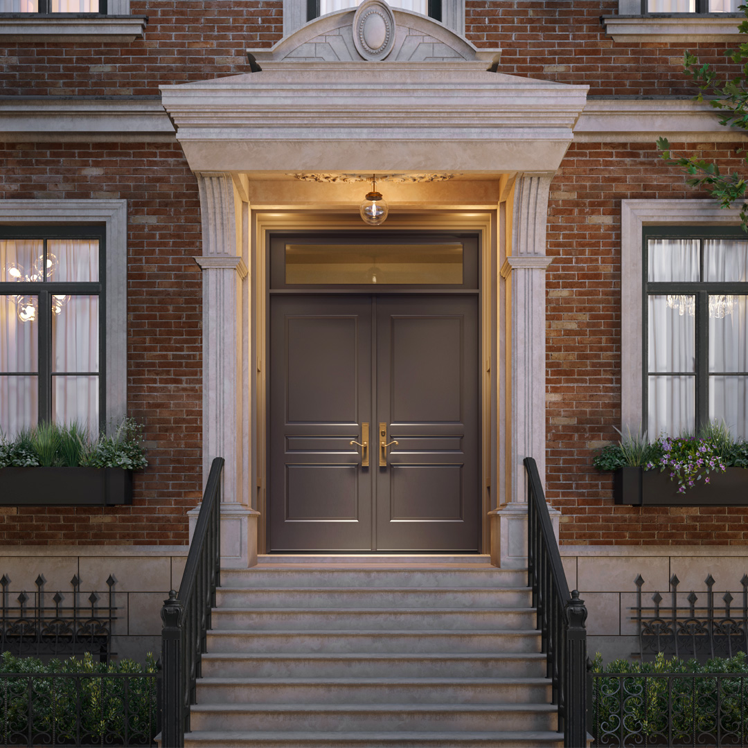 A colonial style home with a dark gray painted Resilient Entry System TS3070-204 pictured in the center.