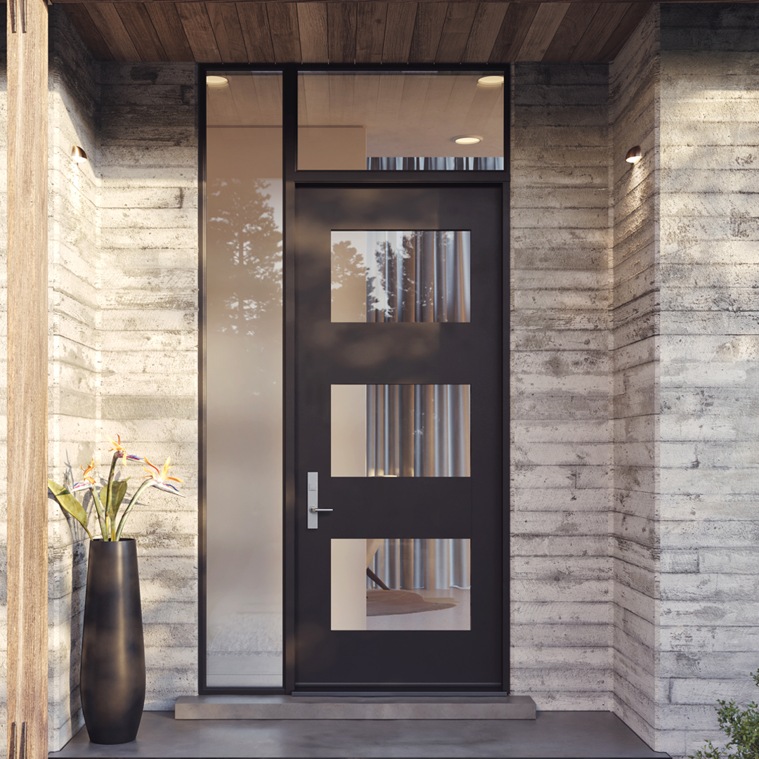 A modern style home with a black painted Resilient Entry System TM3100-111 pictured in the center.