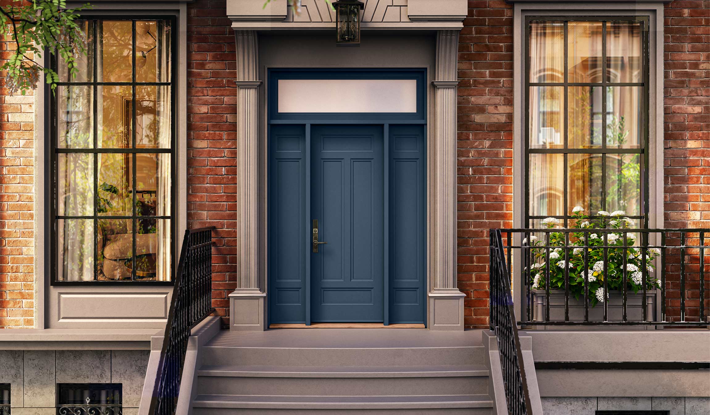 A colonial style home with a blue painted Resilient Entry System TS4290-108 pictured in the center.